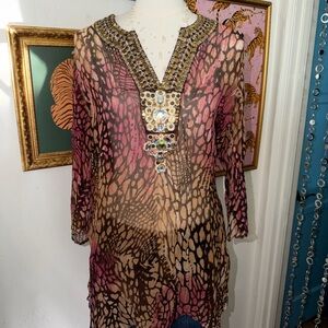 Pink and Brown Beaded Silk Top